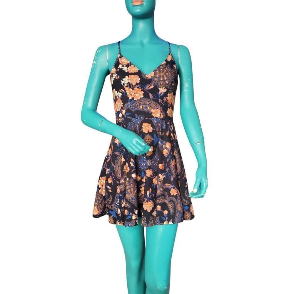 Women Bebe X Naven Black Floral Print Polyester Lined Cross Zip Back Dress Size